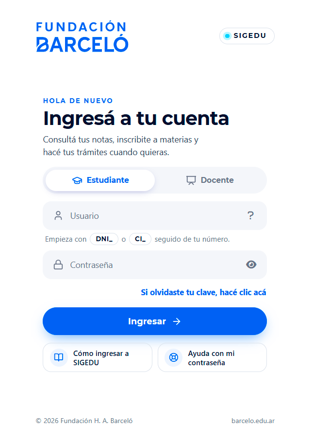 Pantalla de inicio de sesión de SIGEDU con el perfil Estudiante seleccionado, los campos Usuario y Contraseña y el botón Ingresar