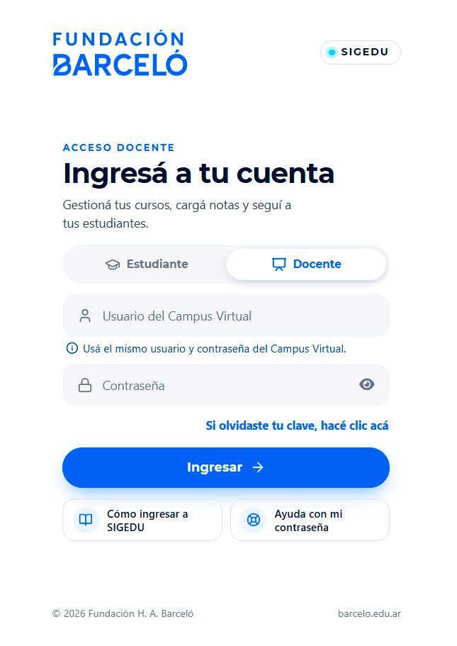 Pantalla de inicio de sesión de SIGEDU con el perfil Docente seleccionado, los campos Usuario del Campus Virtual y Contraseña y el botón Ingresar